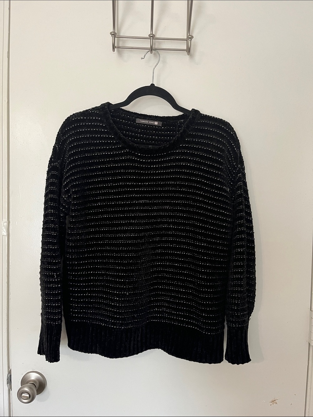 Black Crewneck Sweater with Subtle Metallic Stripe